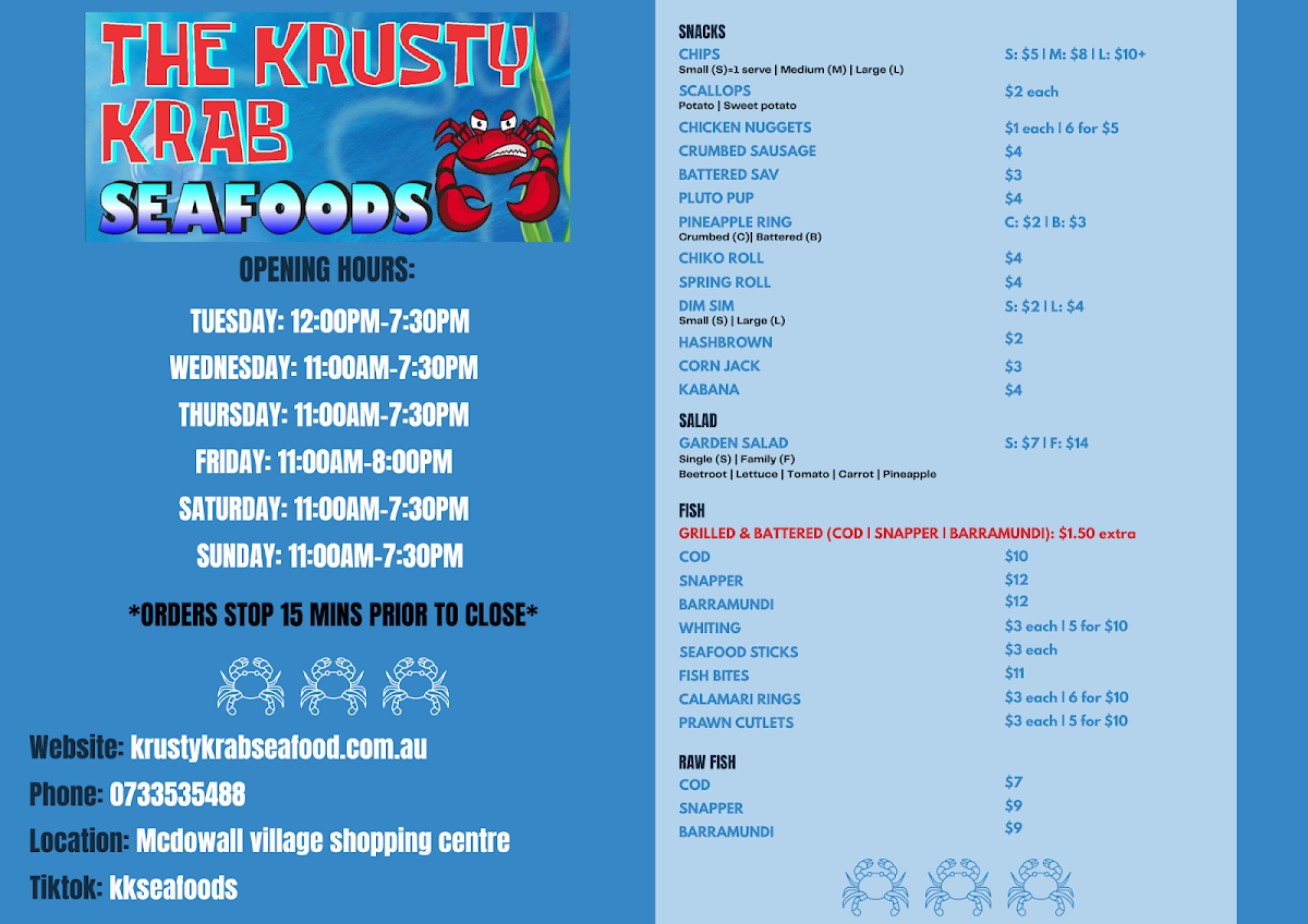 Menu, The Krusty Krab Seafoods