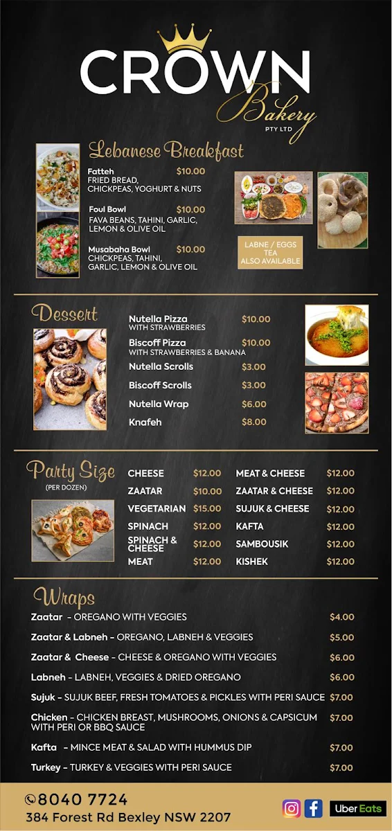 Menu, Crown Bakery