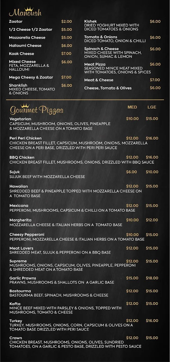 Menu, Crown Bakery