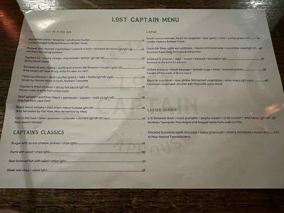 Menu, Lost Captain Restaurant & Taphouse