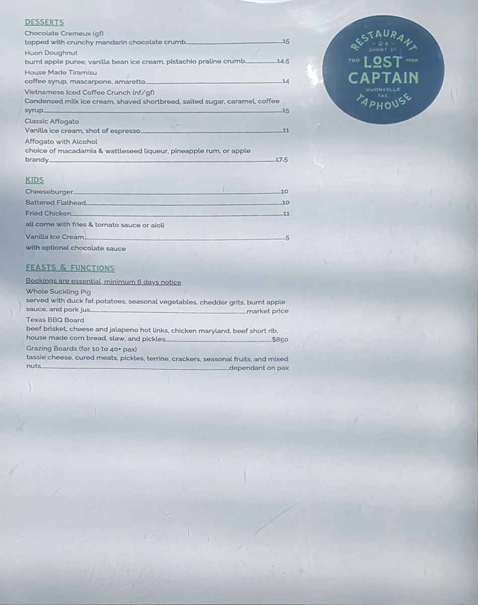 Menu, Lost Captain Restaurant & Taphouse