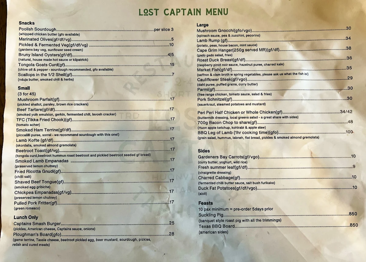 Menu, Lost Captain Restaurant & Taphouse