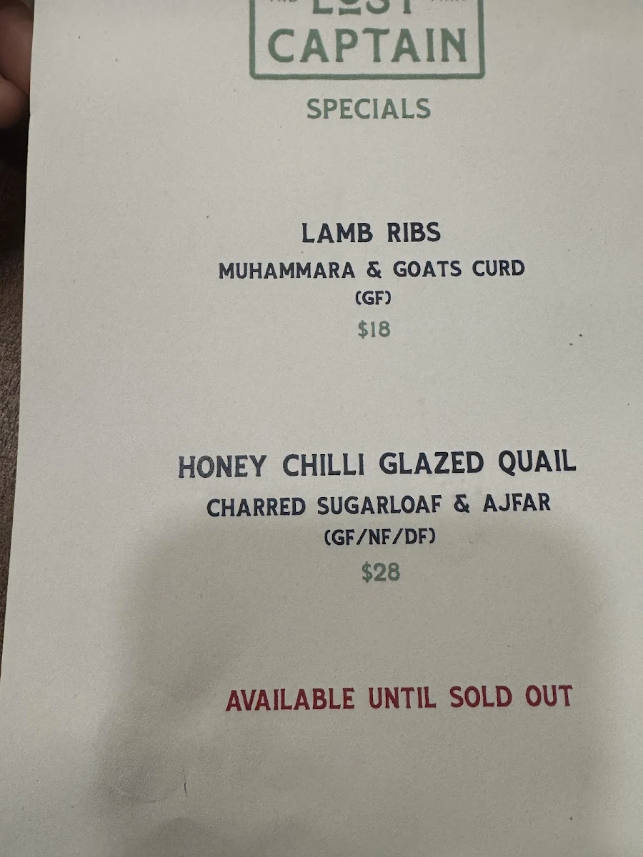 Menu, Lost Captain Restaurant & Taphouse