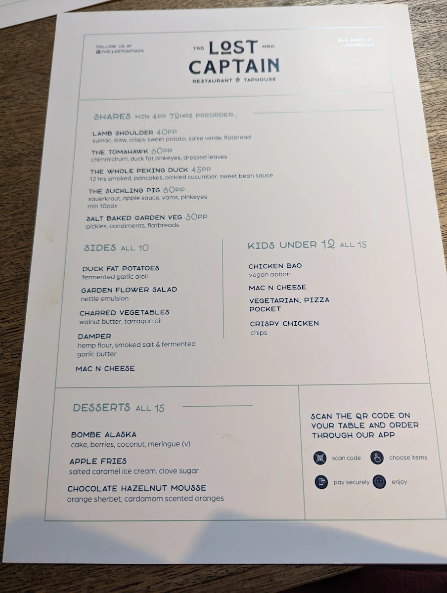 Menu, Lost Captain Restaurant & Taphouse