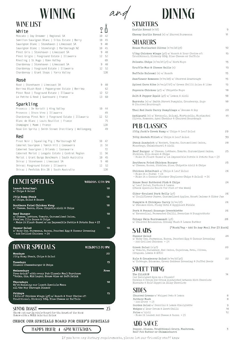 Menu, The Illawarra Hotel