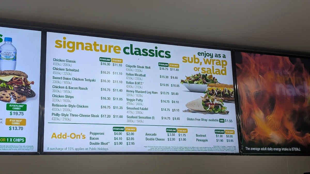Menu, Subway Glen Waverley