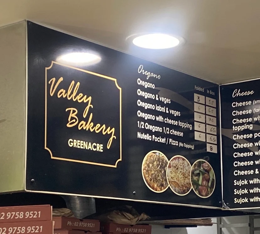 Menu, Valley Bakery