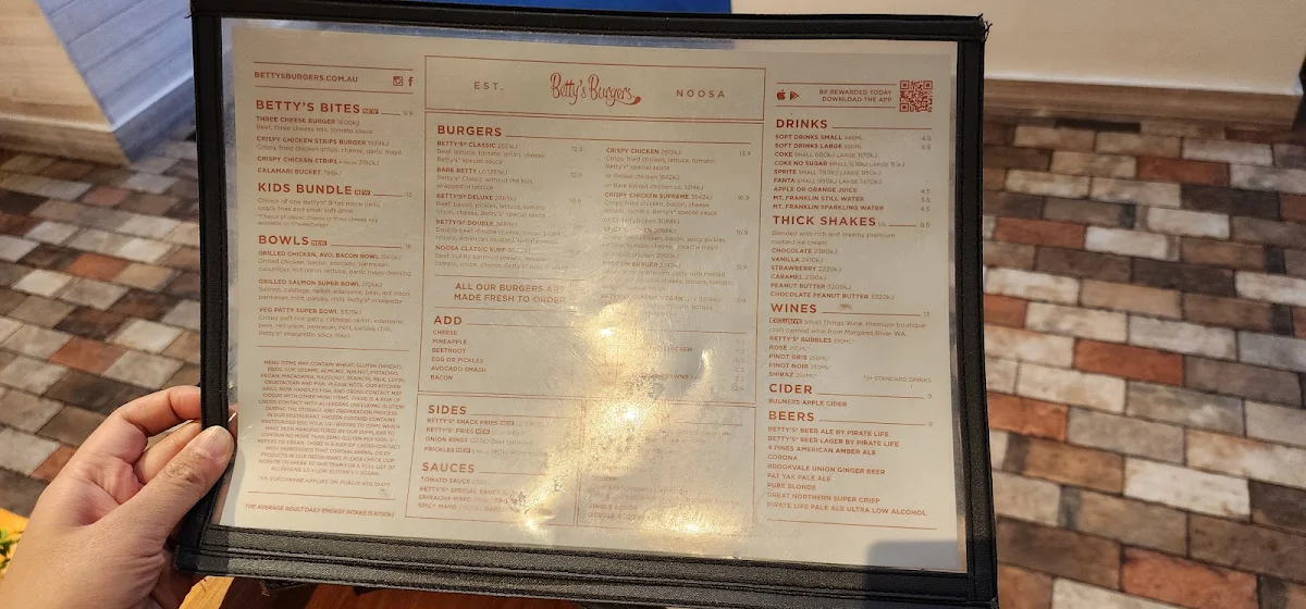 Menu, Betty's Burgers
