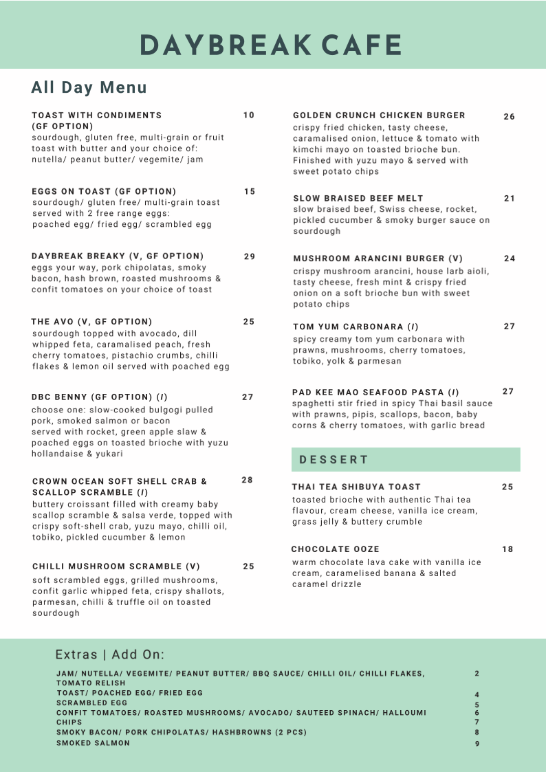 Menu, Daybreak Cafe