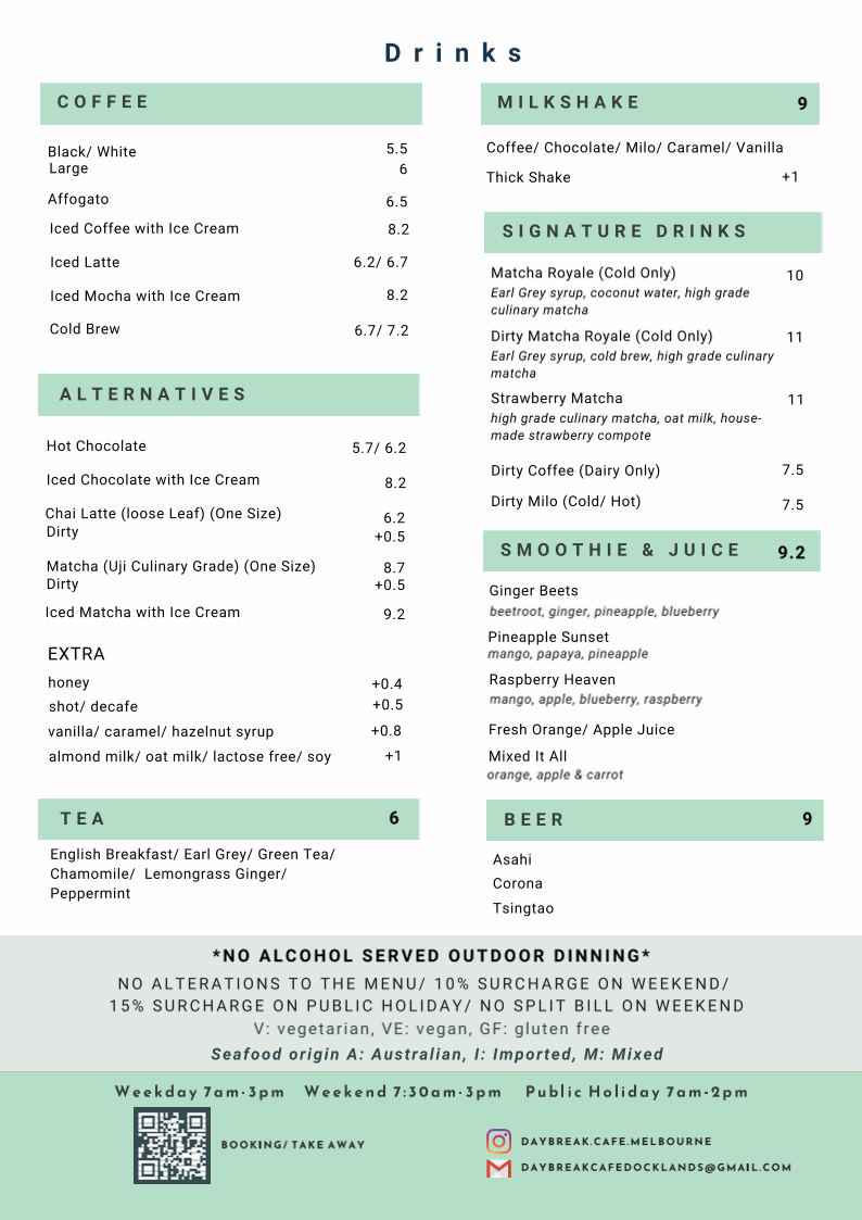 Menu, Daybreak Cafe