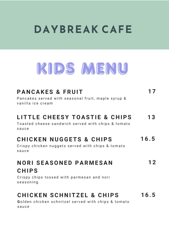 Menu, Daybreak Cafe