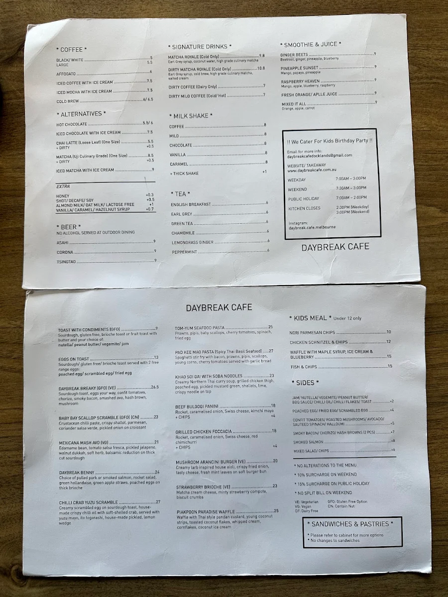 Menu, Daybreak Cafe