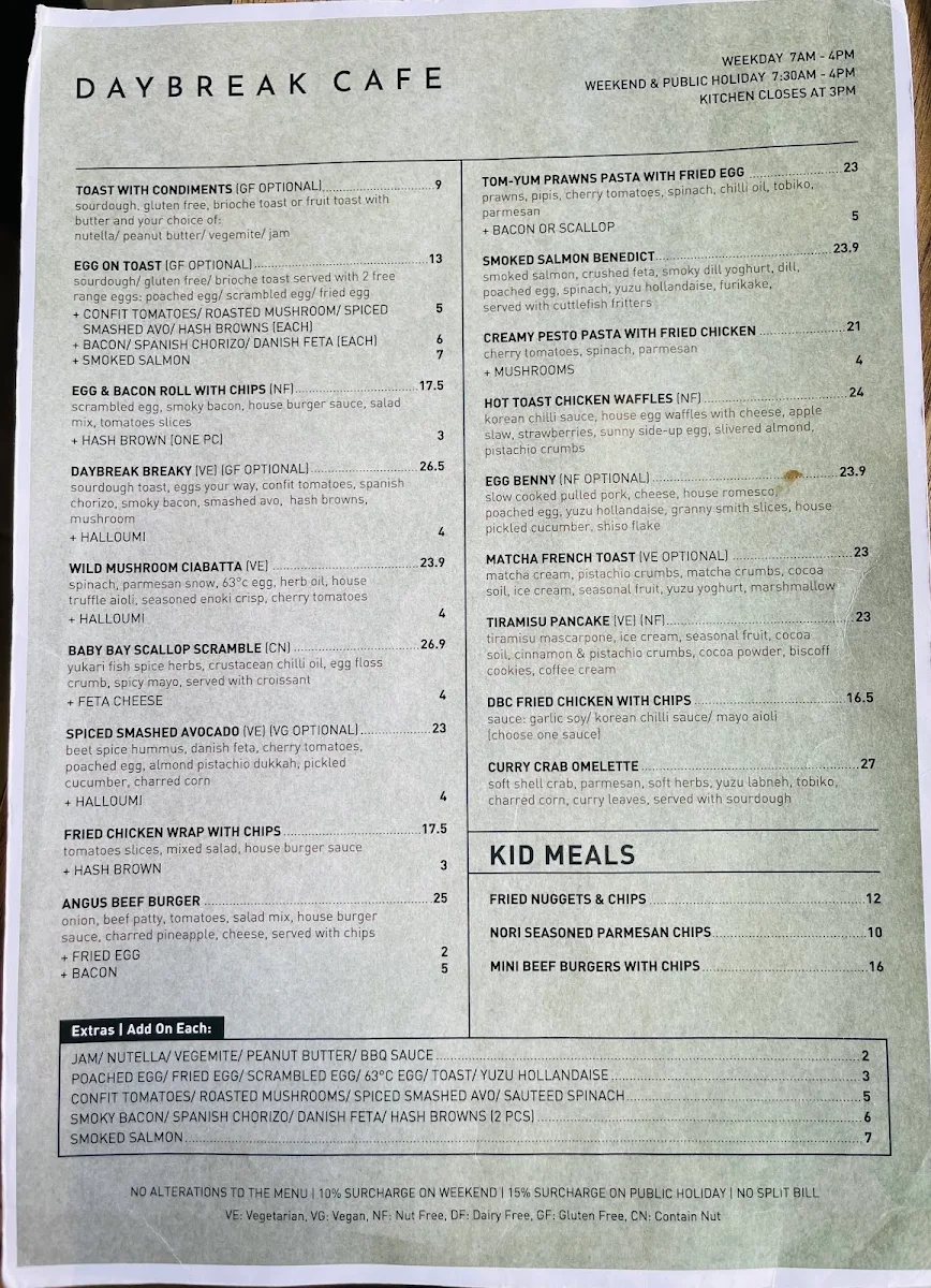 Menu, Daybreak Cafe