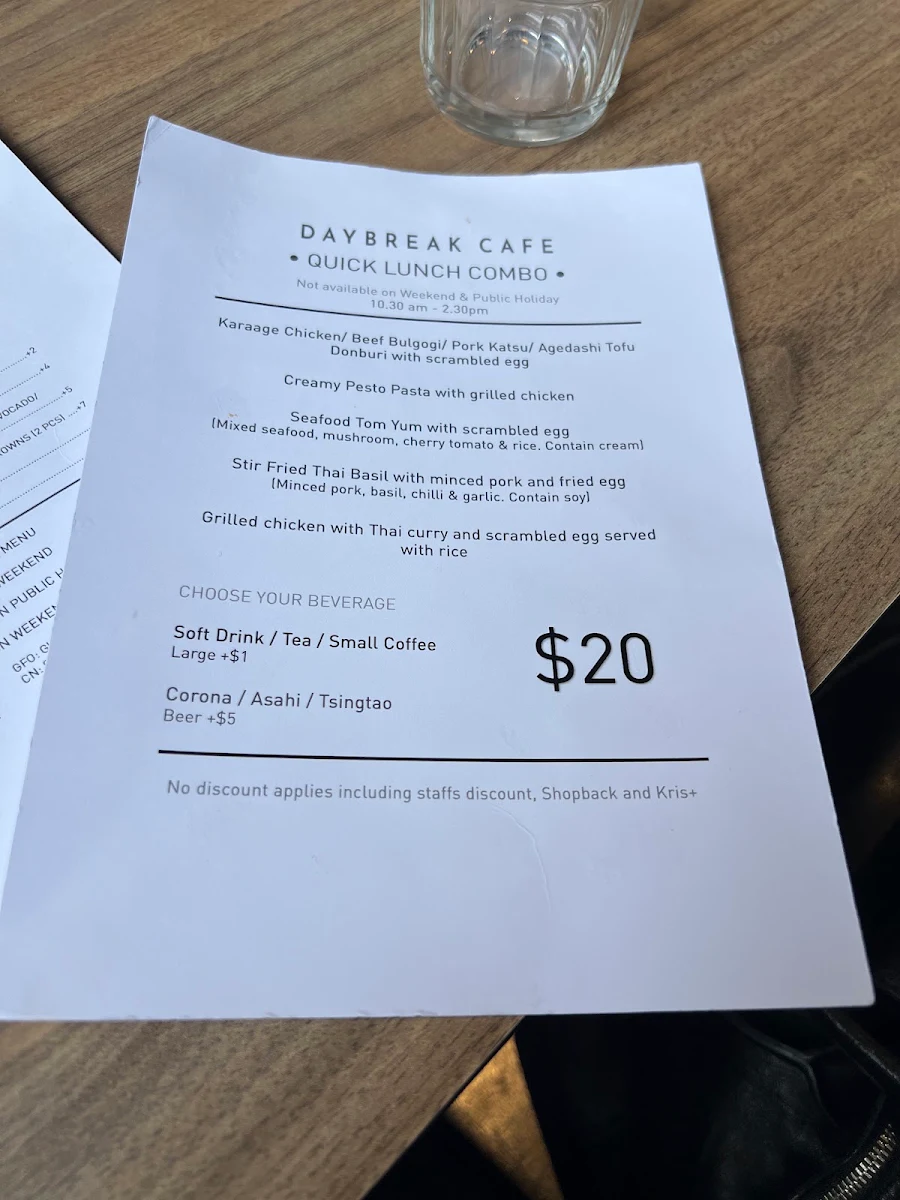 Menu, Daybreak Cafe