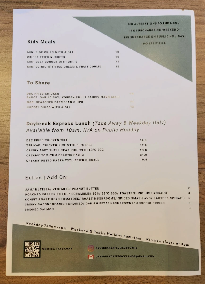 Menu, Daybreak Cafe