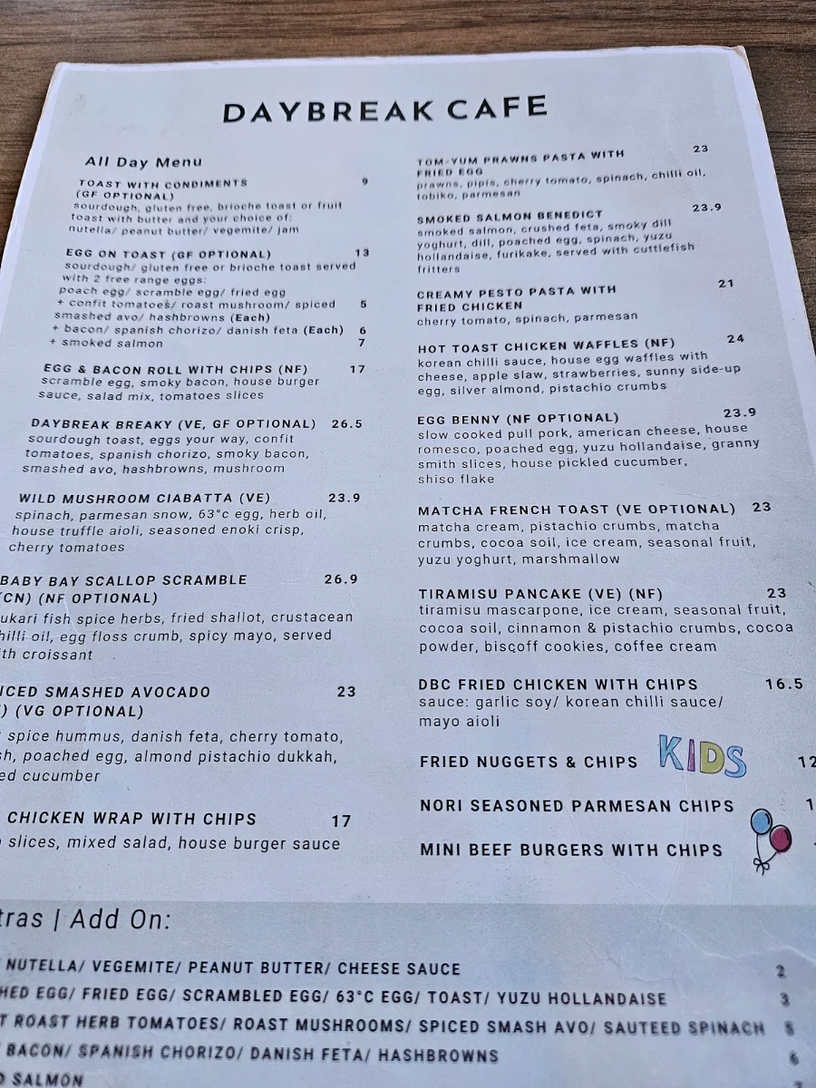 Menu, Daybreak Cafe