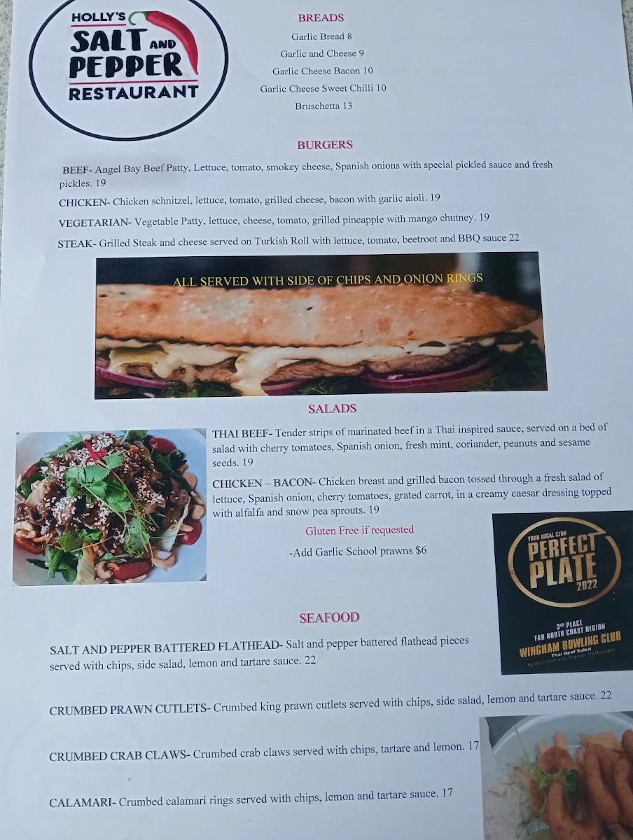Menu, Holly's Salt and pepper restaurant. Wingham Sporties Club