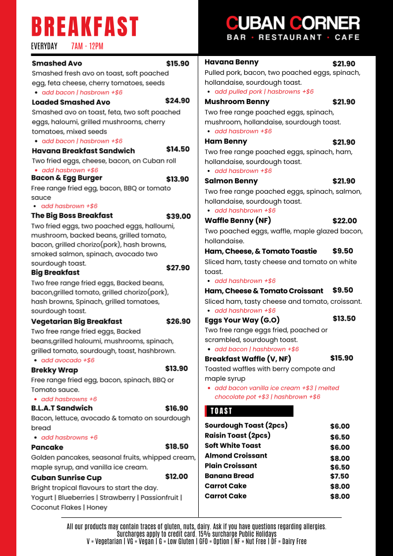 Menu, Cuban Corner Parramatta