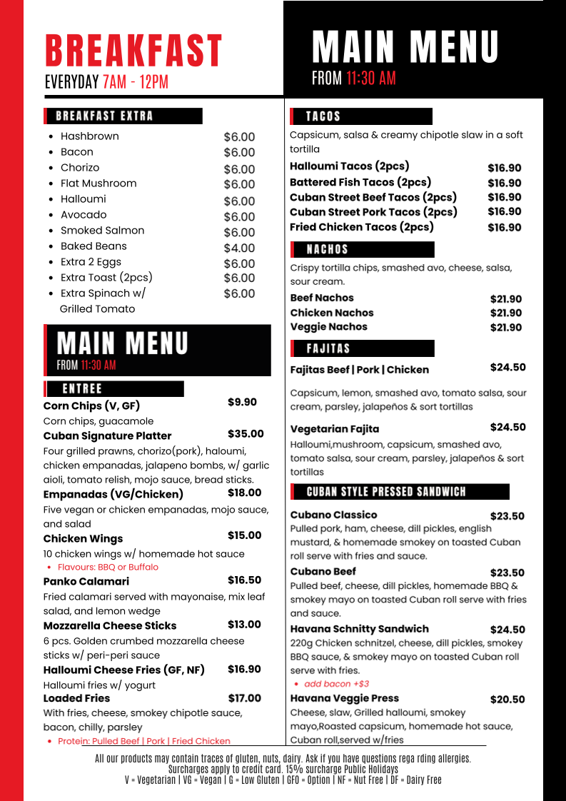 Menu, Cuban Corner Parramatta