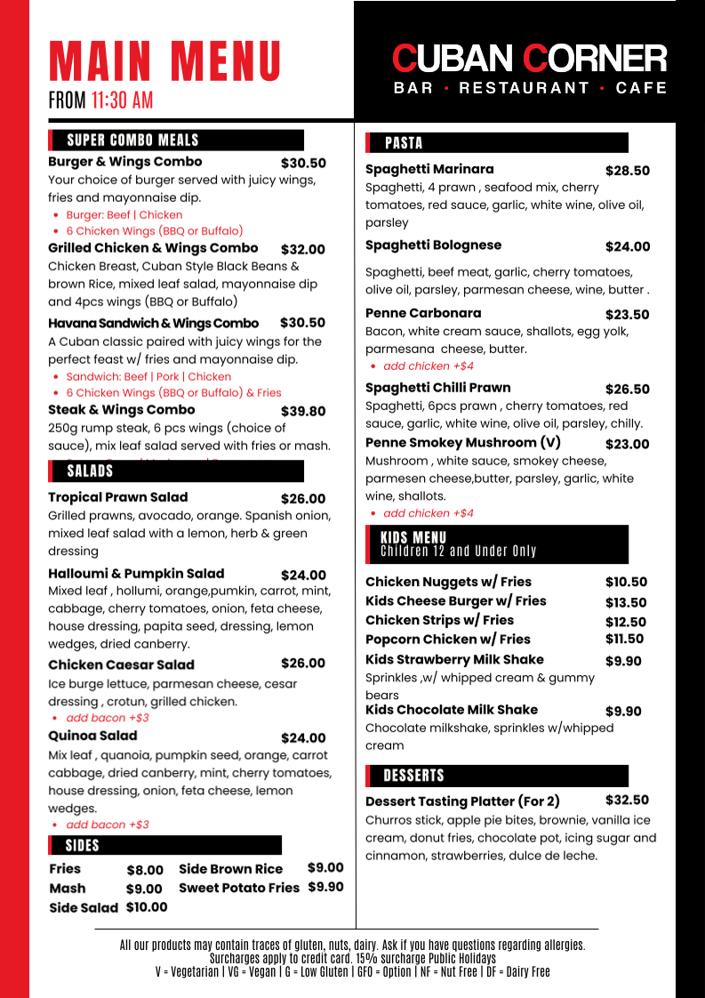 Menu, Cuban Corner Parramatta