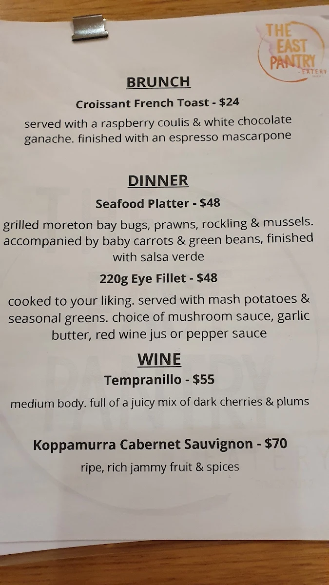 Menu, The East Pantry