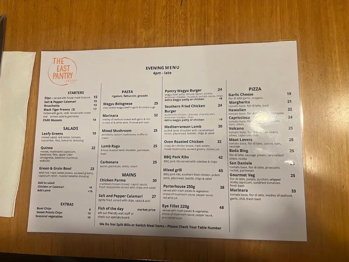 Menu, The East Pantry