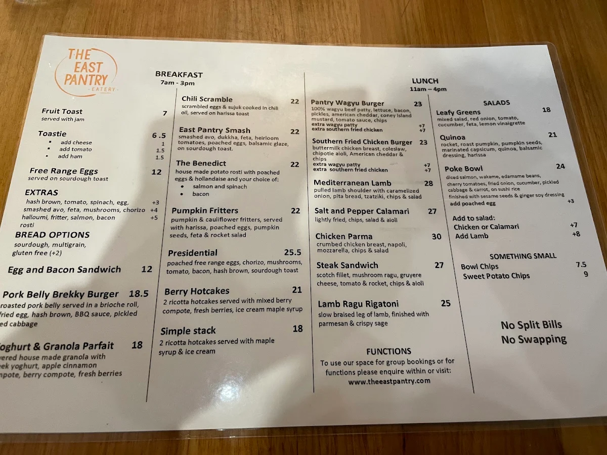 Menu, The East Pantry