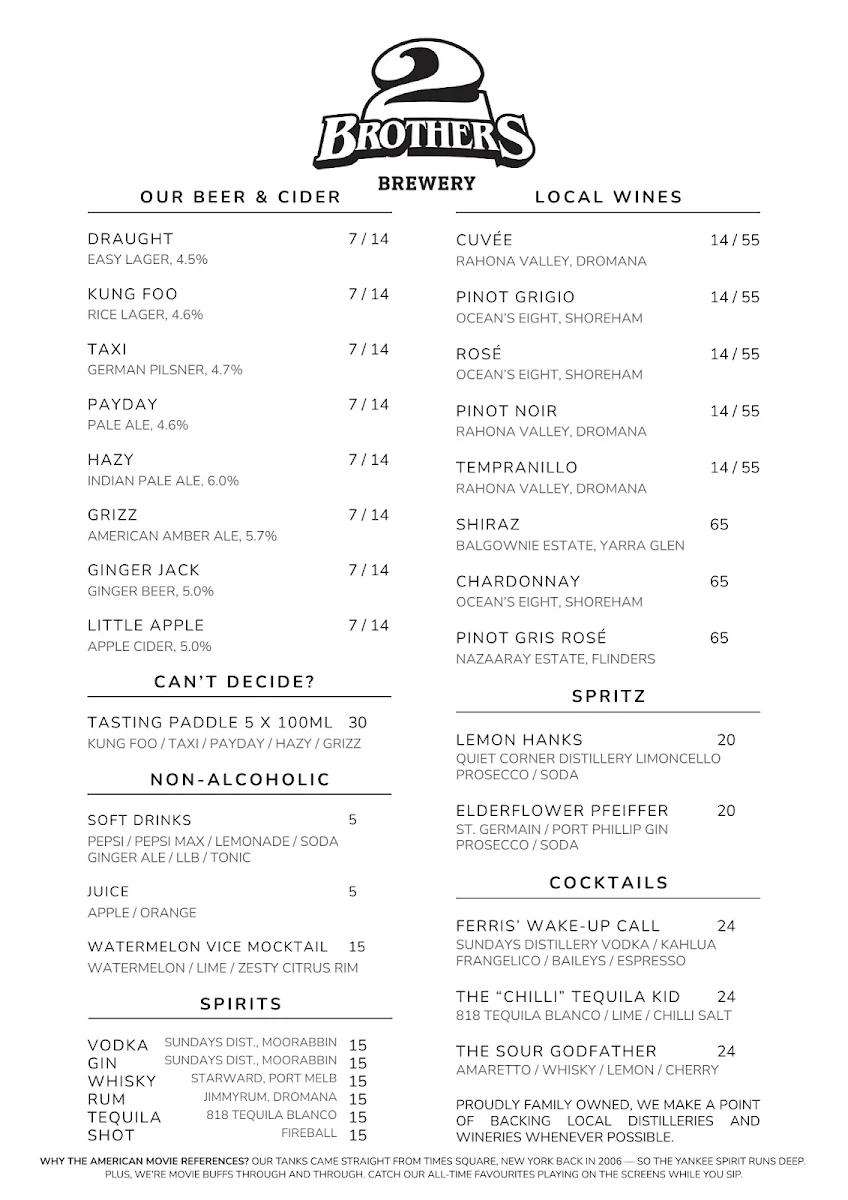 Menu, 2 Brothers Brewery
