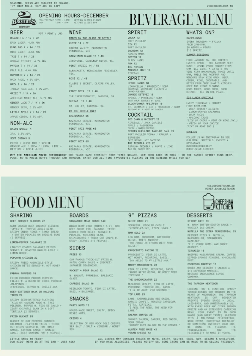 Menu, 2 Brothers Brewery