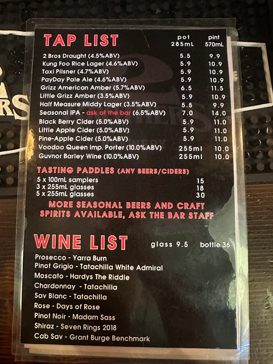 Menu, 2 Brothers Brewery