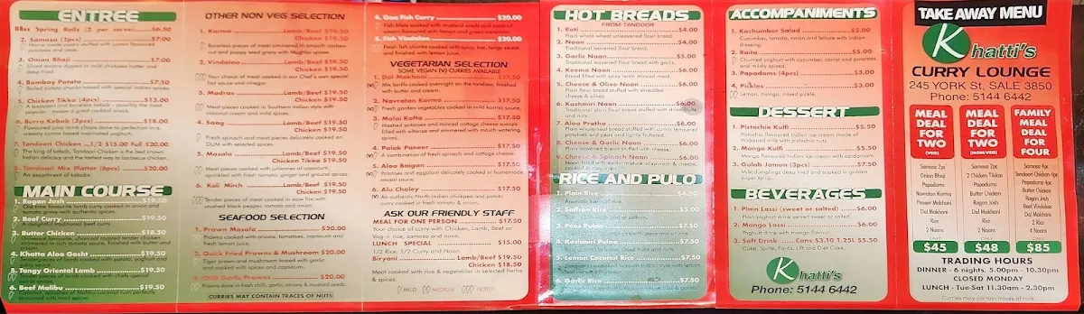 Menu, Khatti's Curry Lounge - Sale