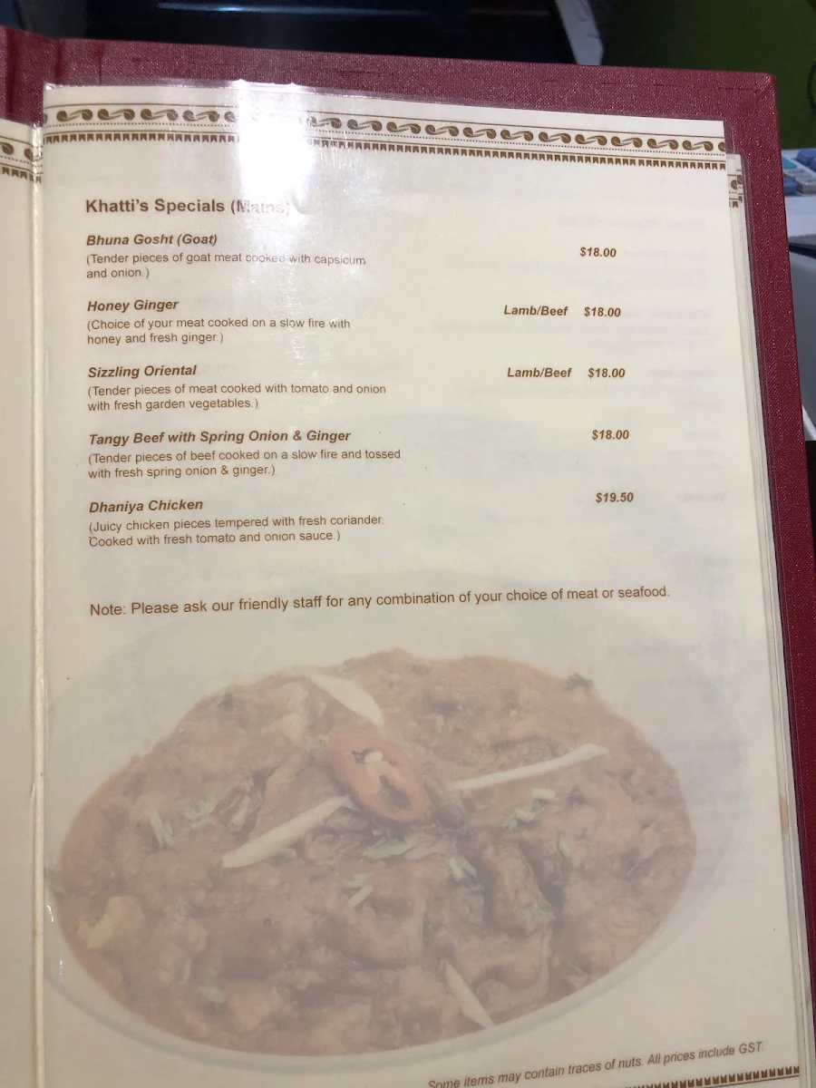 Menu, Khatti's Curry Lounge - Sale