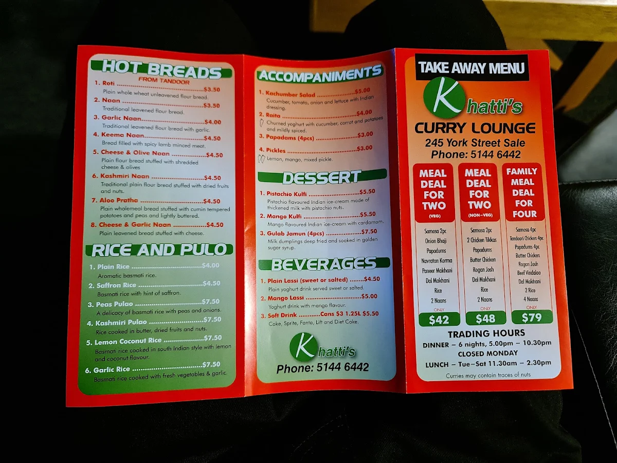 Menu, Khatti's Curry Lounge - Sale