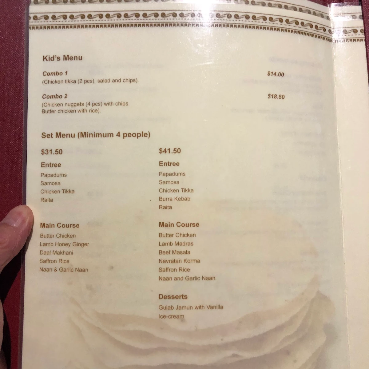 Menu, Khatti's Curry Lounge - Sale