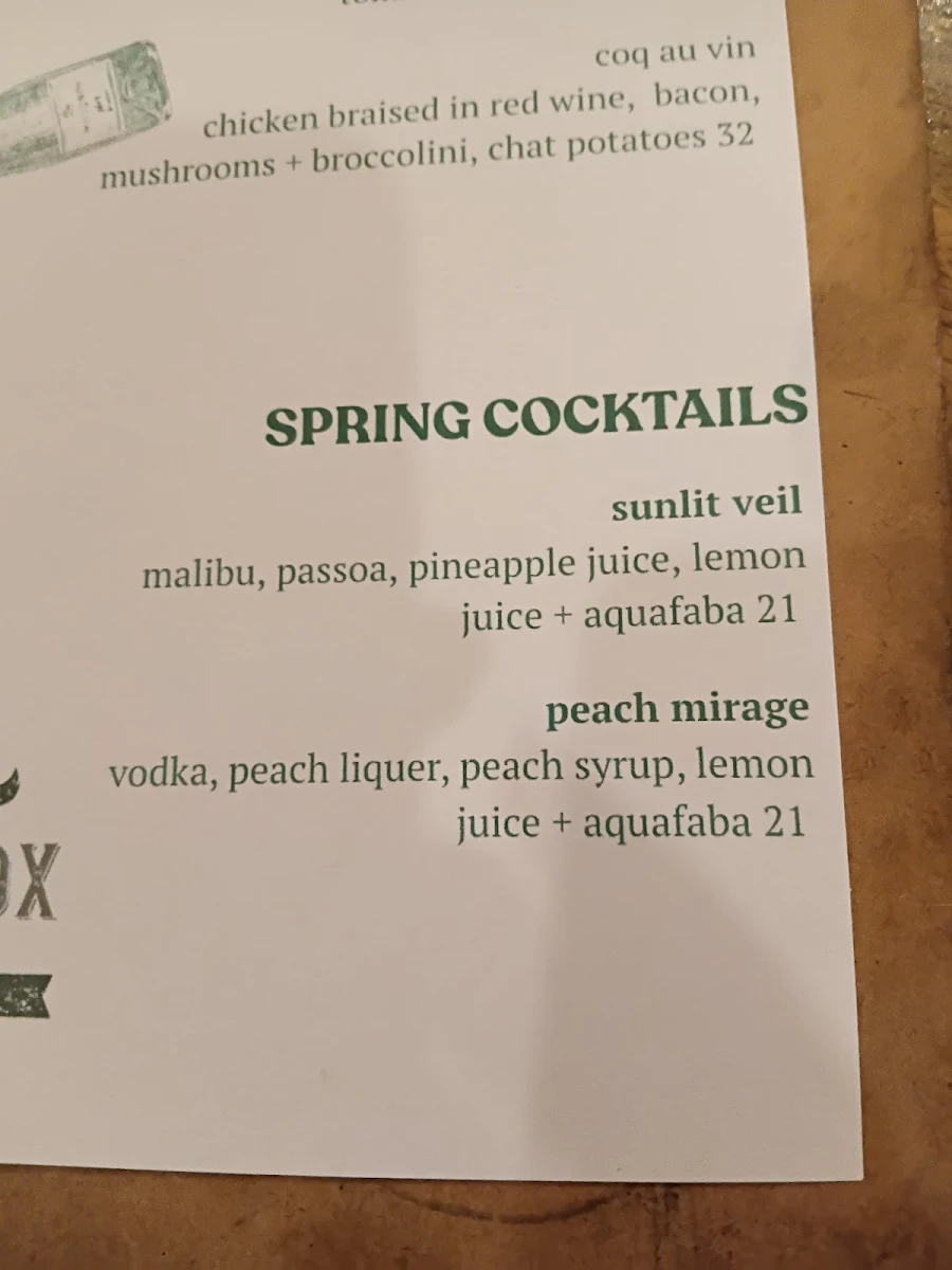 Menu, The Blue Fox
