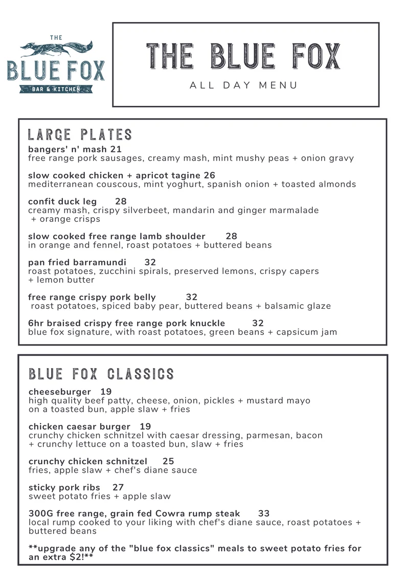 Menu, The Blue Fox