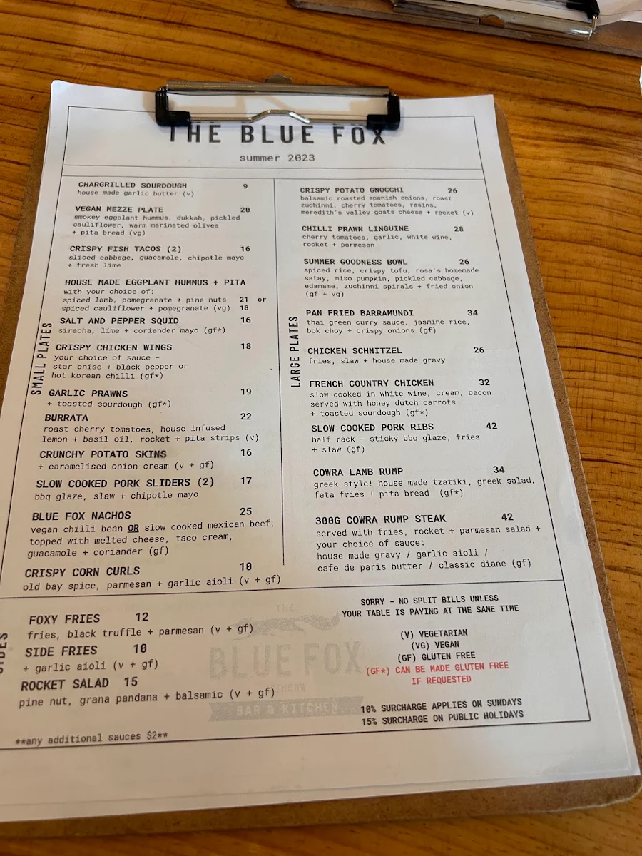 Menu, The Blue Fox