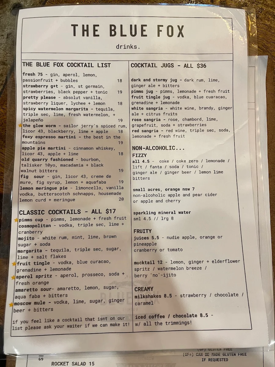 Menu, The Blue Fox