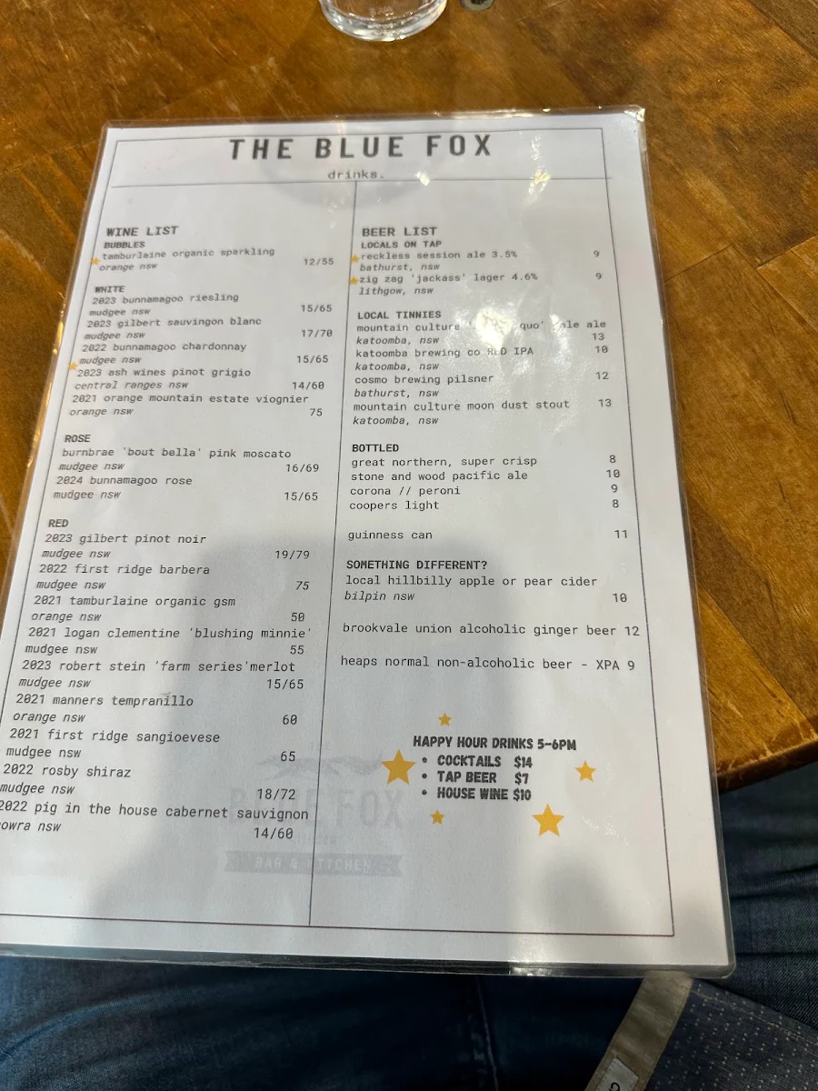 Menu, The Blue Fox