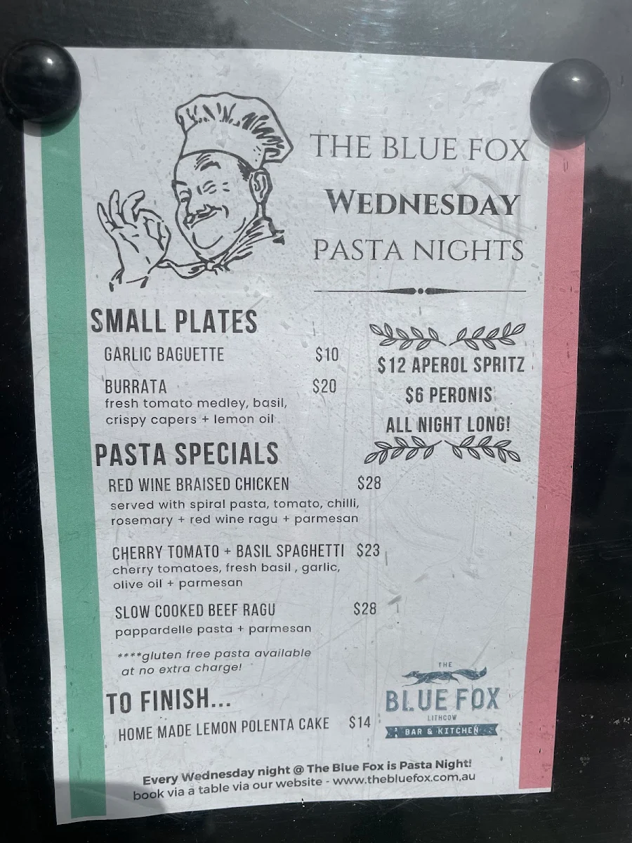Menu, The Blue Fox