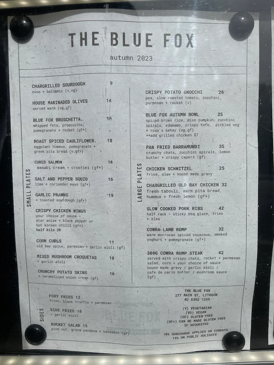 Menu, The Blue Fox