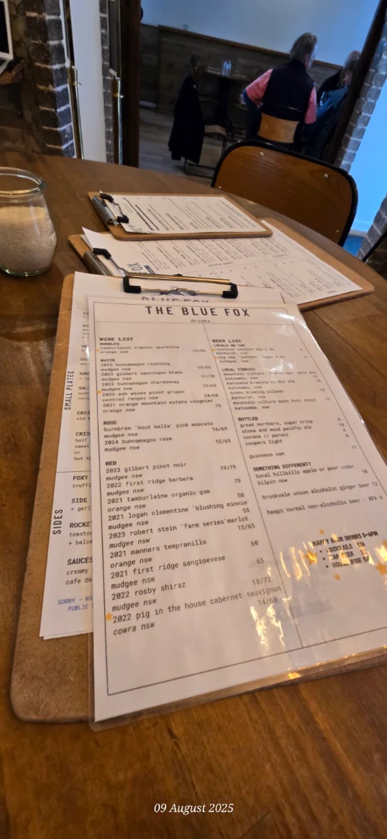 Menu, The Blue Fox