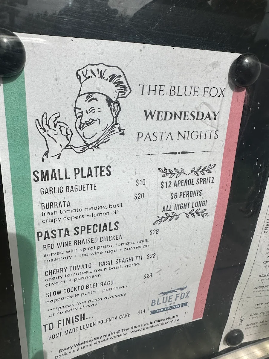 Menu, The Blue Fox