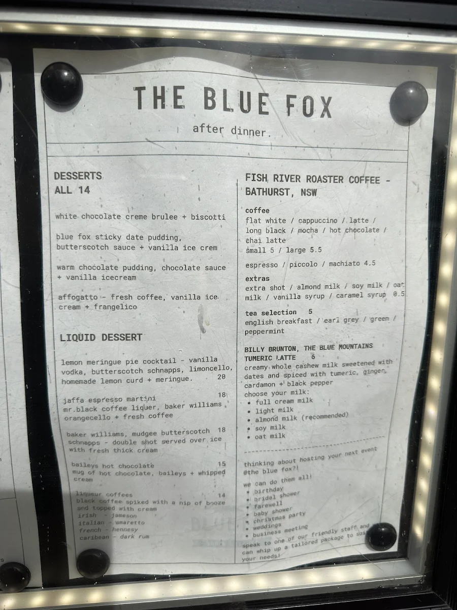 Menu, The Blue Fox