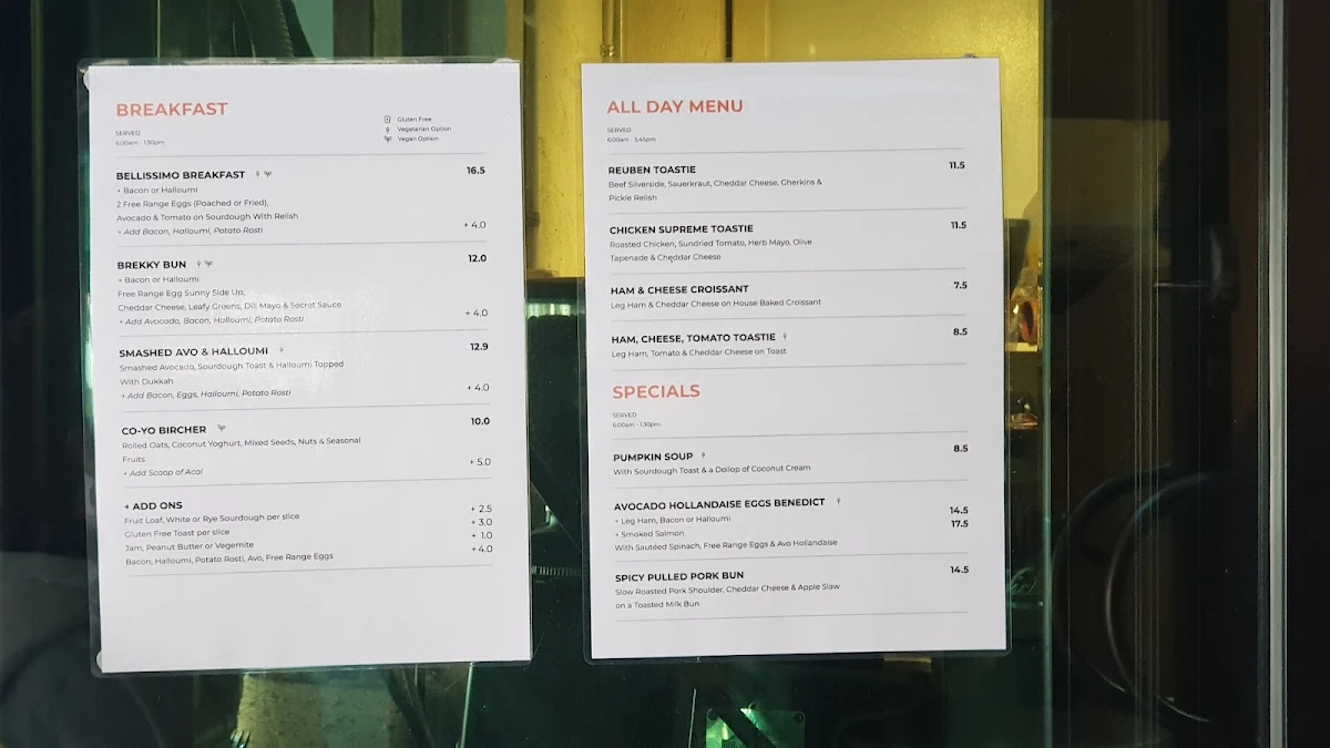 Menu, Bellissimo Coffee
