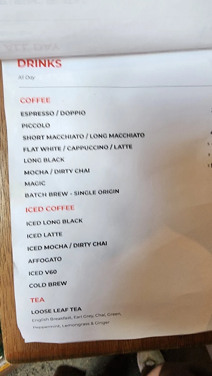 Menu, Bellissimo Coffee