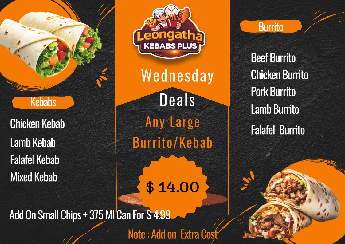Menu, Leongatha Kebabs Plus