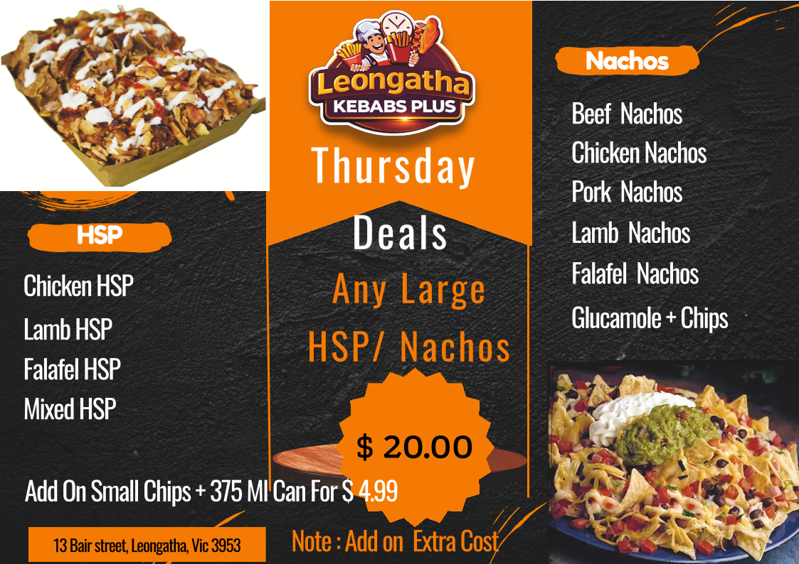 Menu, Leongatha Kebabs Plus