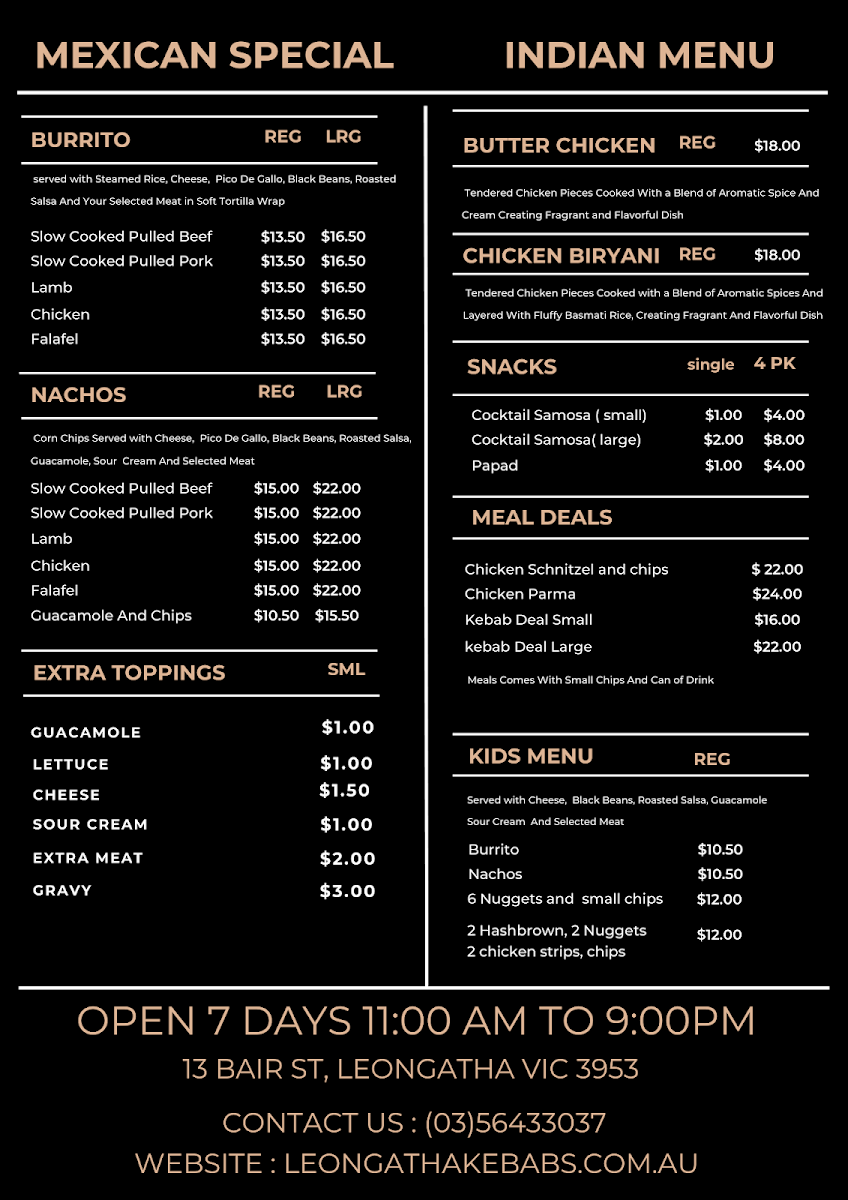 Menu, Leongatha Kebabs Plus