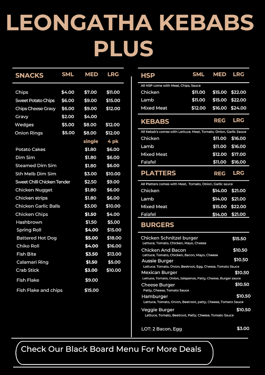 Menu, Leongatha Kebabs Plus